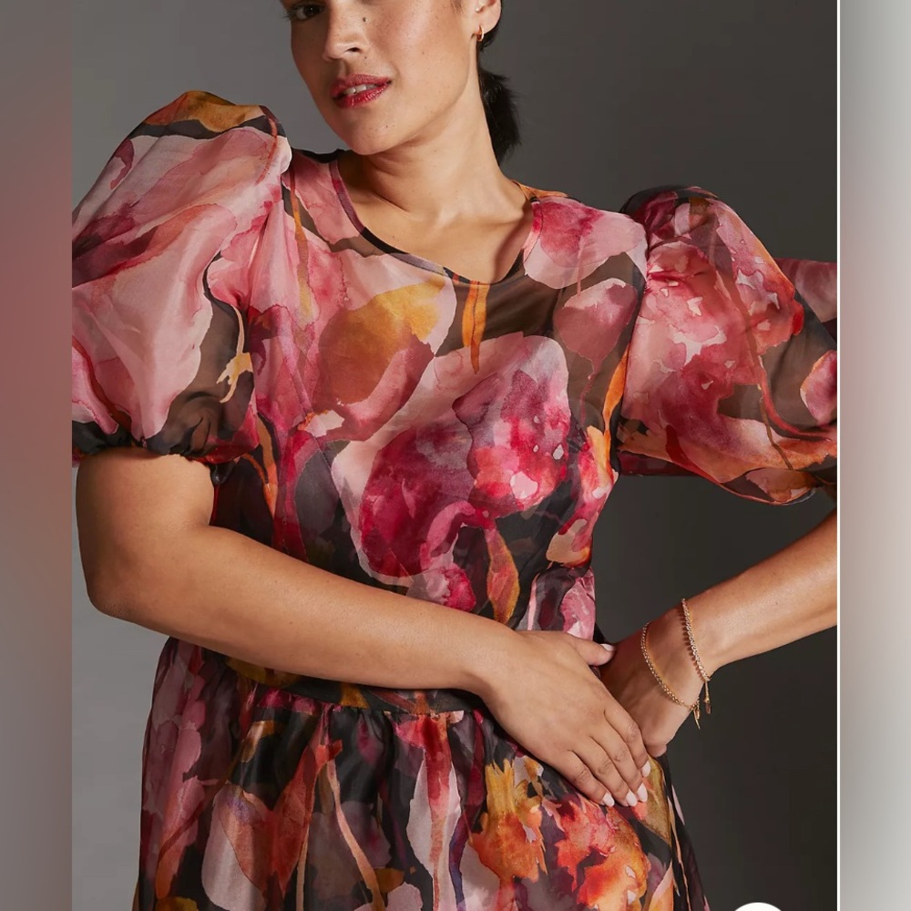 ANTHROPOLOGIE puff-sleeve organza midi dress
